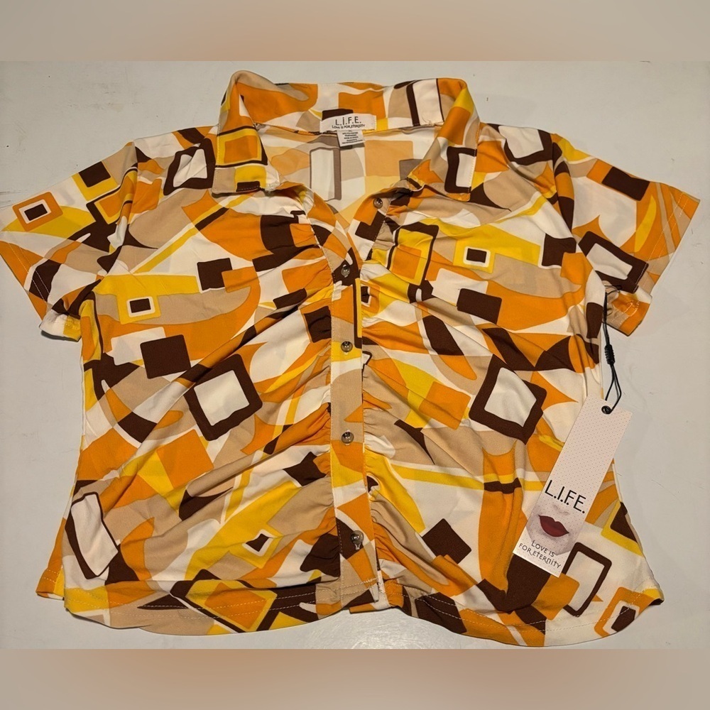 L.I.F.E Love Is For Eternity Geometric Button-Up Shirt in Orange and Brown